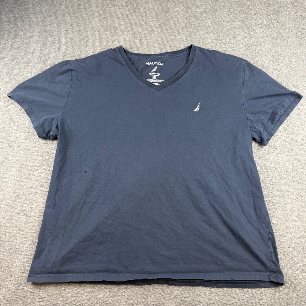 Nautica T-Shirt Men's XL Navy Blue V-Neck Short‎ Sleeve Cotton Logo Tee